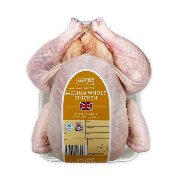 Ashfields 100% British Medium Whole Chicken Fresh Class A Without Giblets 1.25kg